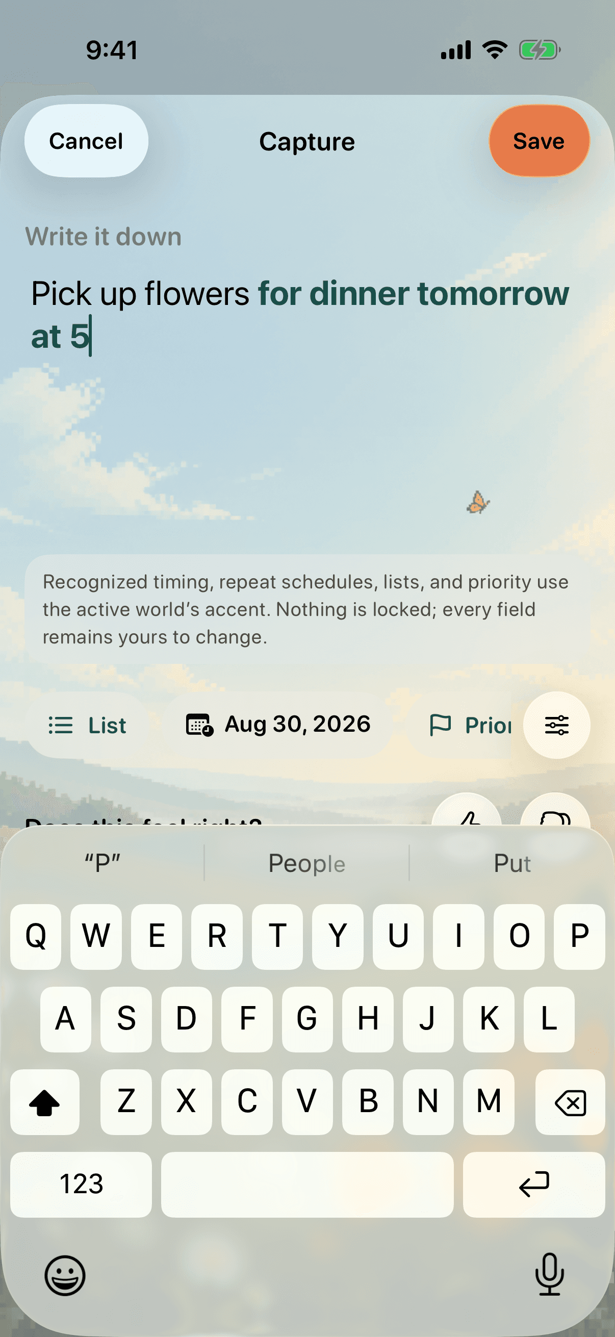 Aster capture screen adding a reminder to pick up flowers